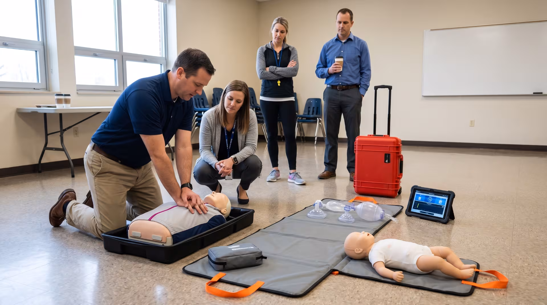 School staff practicing CPR on adult and infant manikins with a Go-Kit during an in-service day