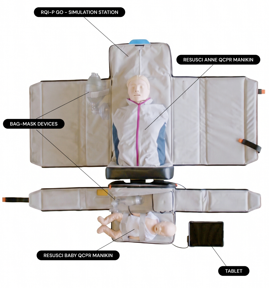 CPR Go-Kit opened into a full skills station with adult and infant training manikins, masks and a feedback tablet