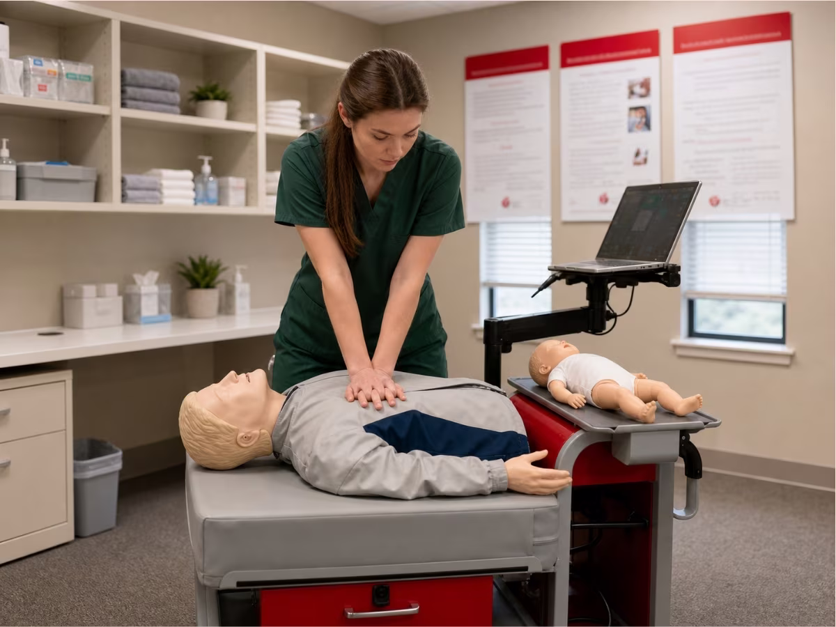 Nurse in green scrubs practicing CPR chest compressions on an adult training manikin in a clinical training room