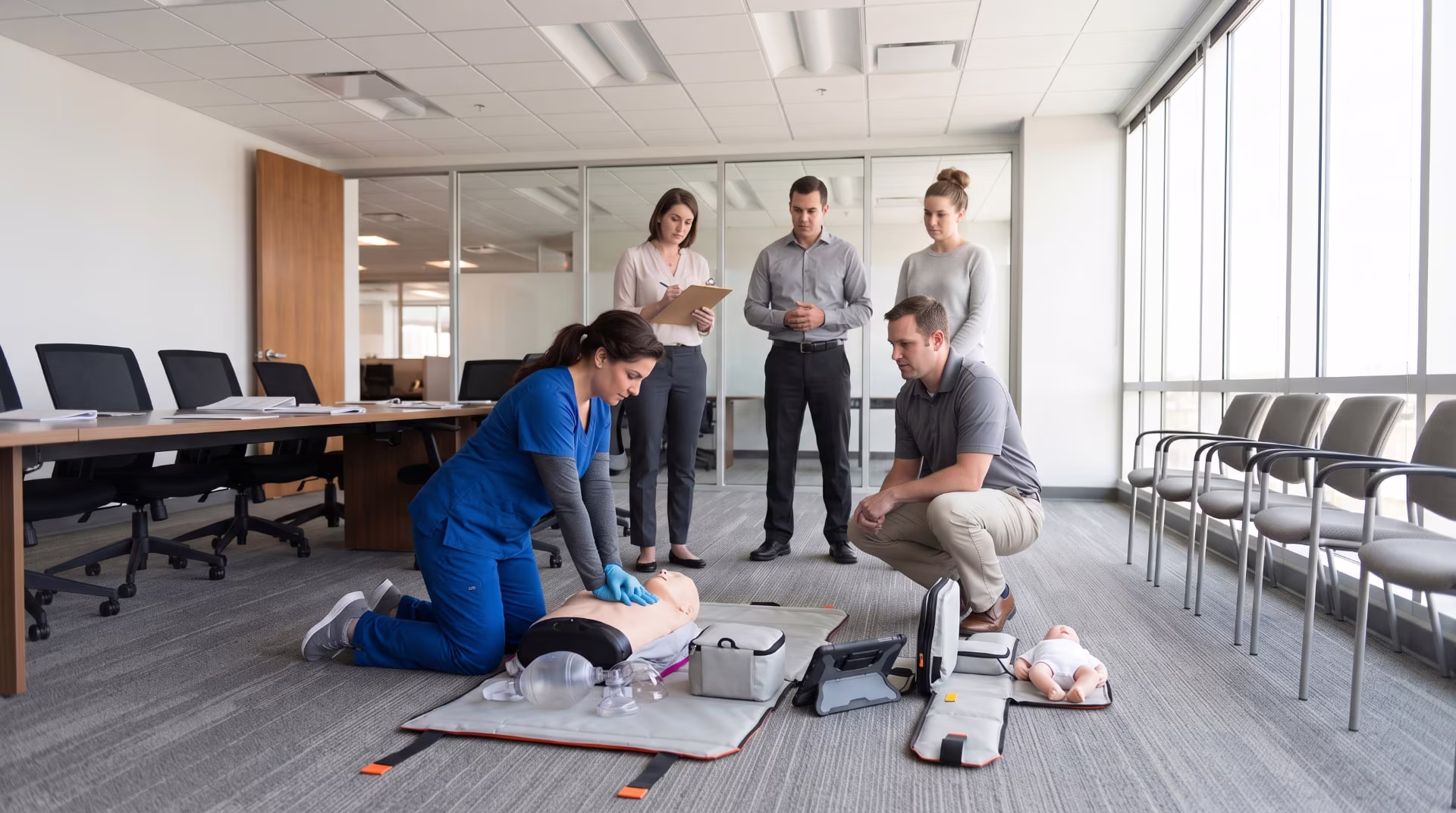 Staffing branch office training room with a candidate practicing CPR on a manikin beside a CPR Go Kit