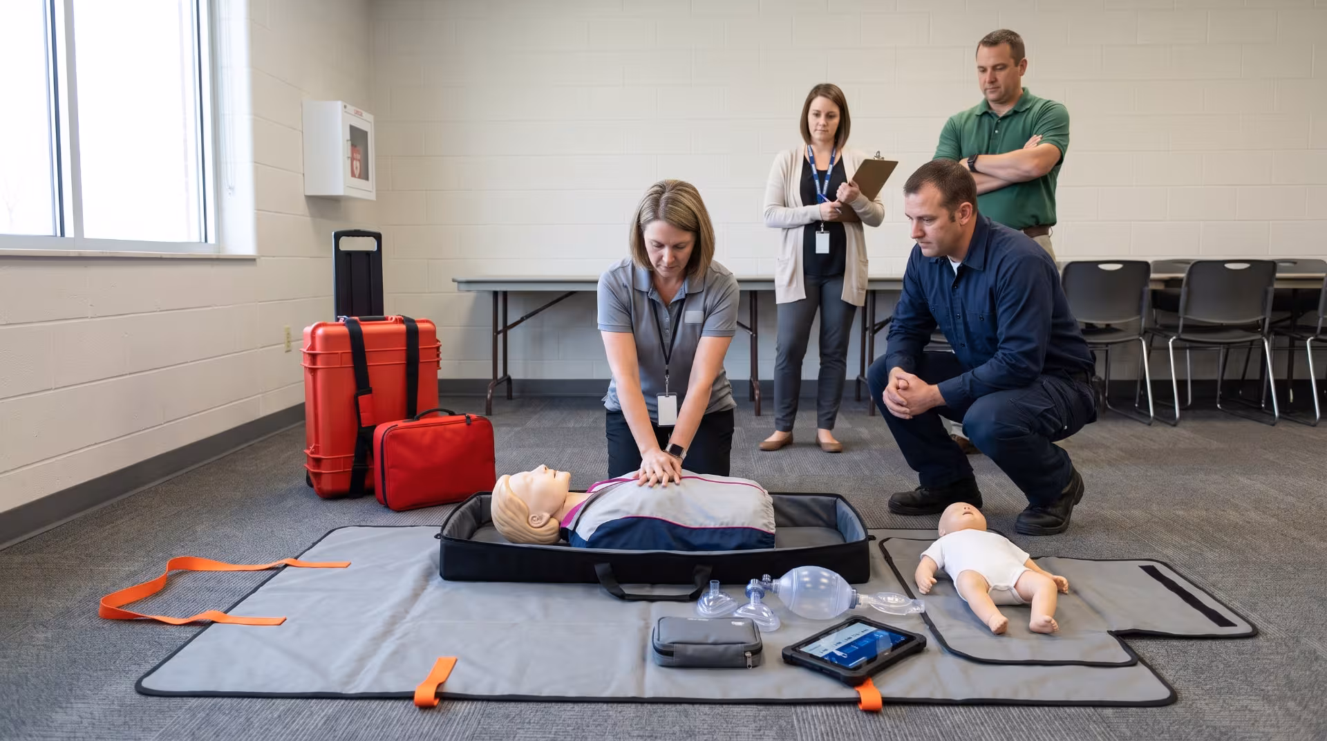 Municipal staff practicing CPR on a training manikin with a Go-Kit in a public building meeting room