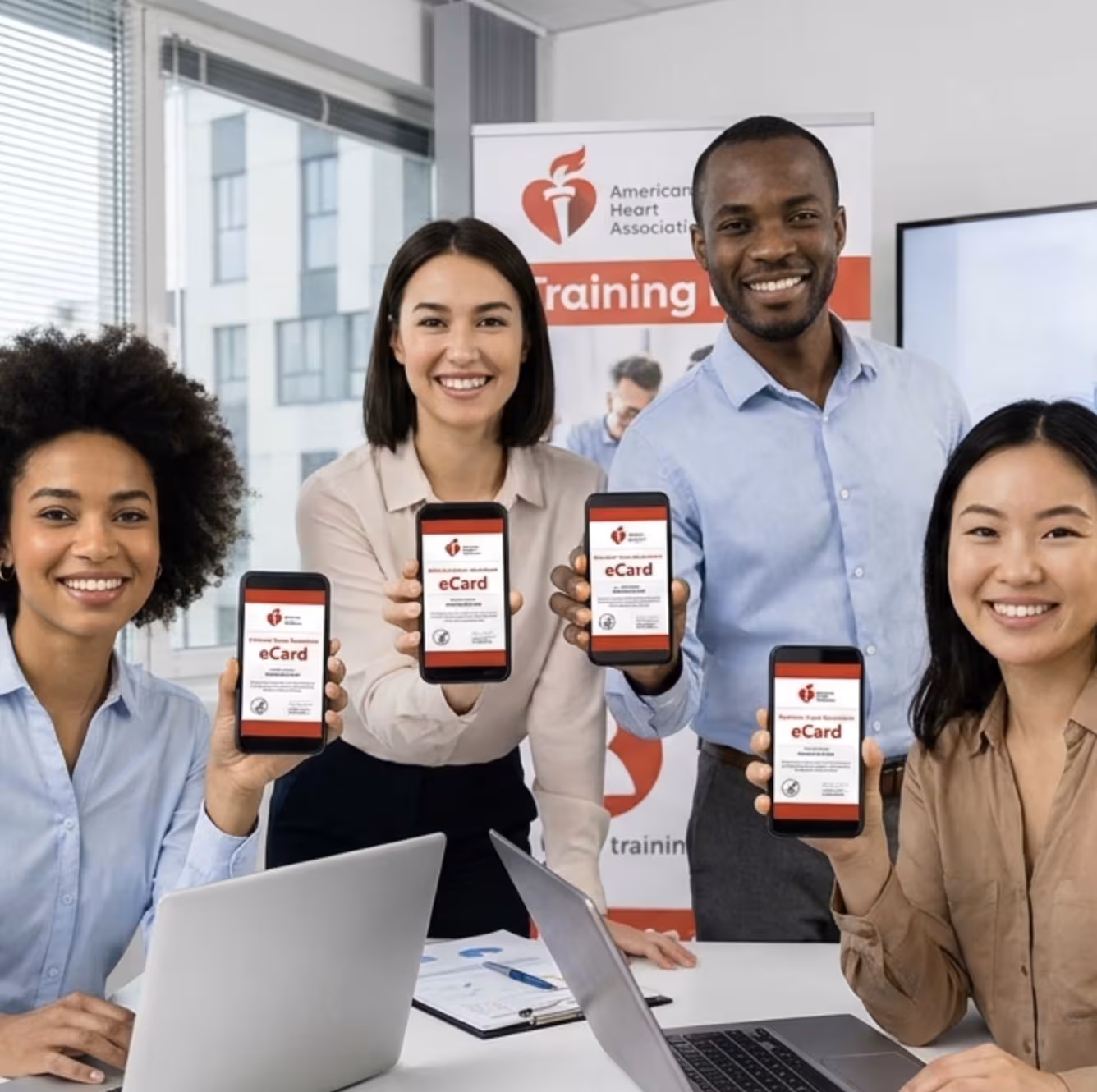 Team members displaying their AHA eCard certifications on their phones