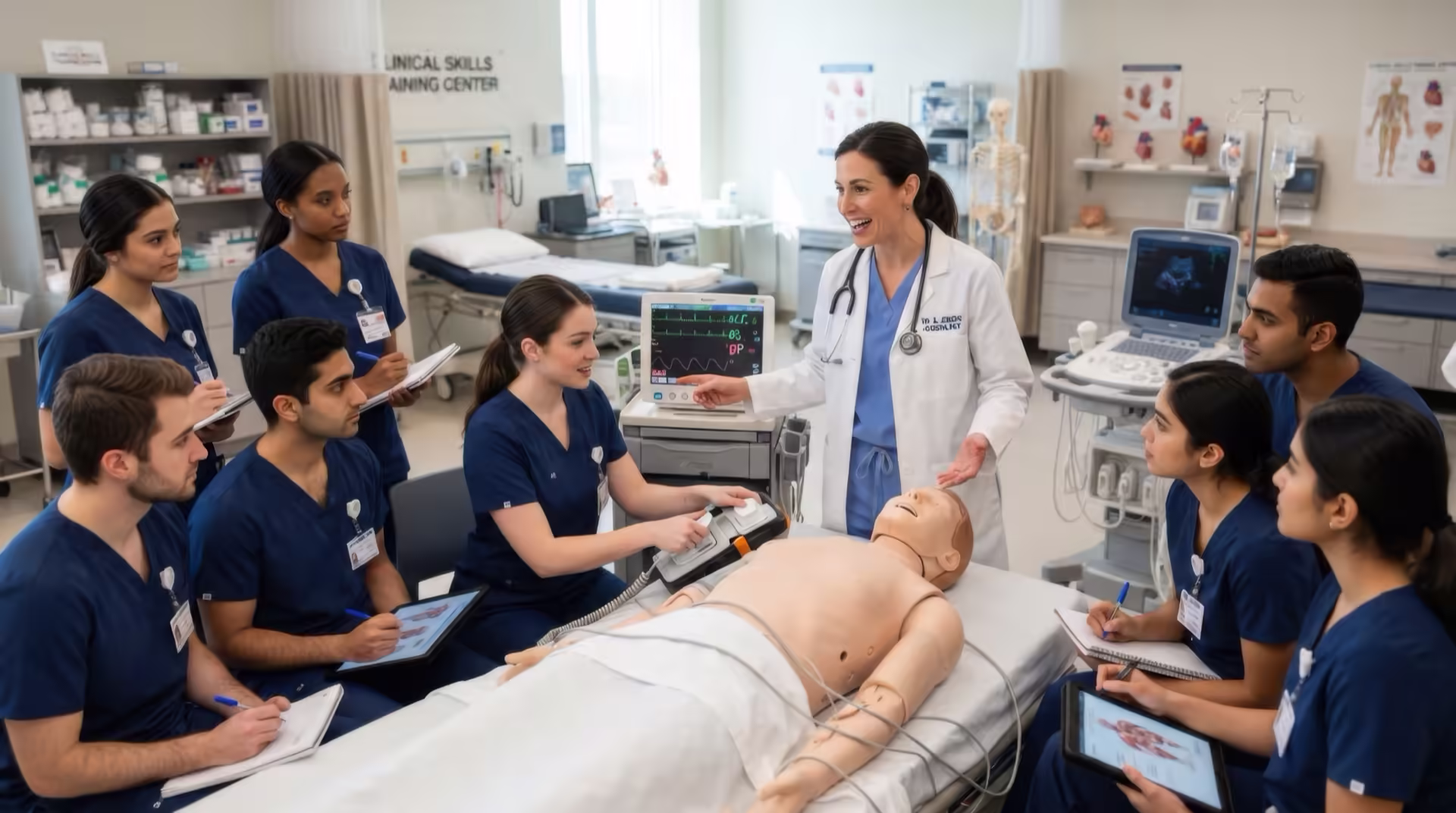 Clinical staff in a skills training session with a patient simulator