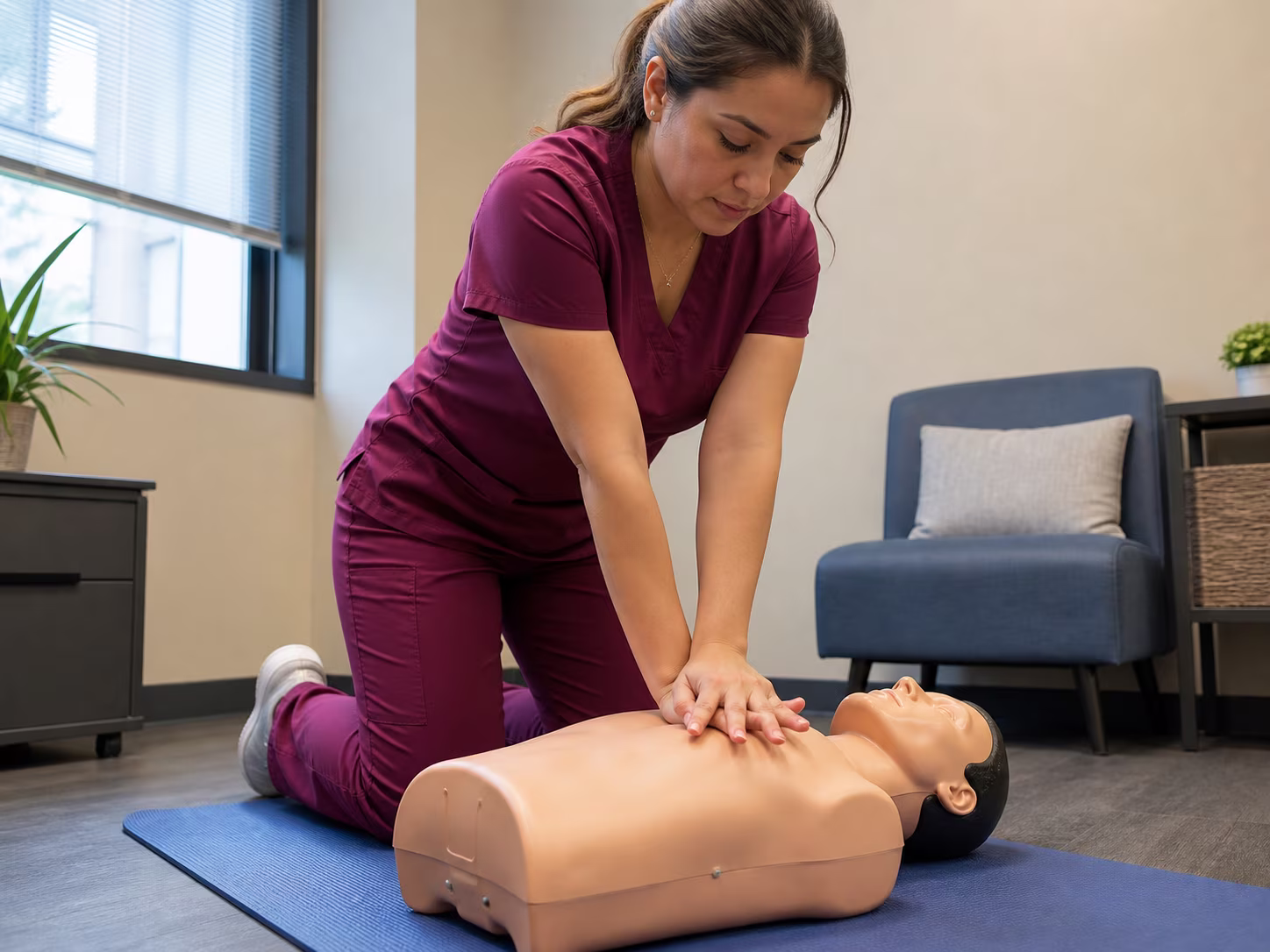 Caregiver in scrubs practicing CPR chest compressions on a training manikin in a home-care setting