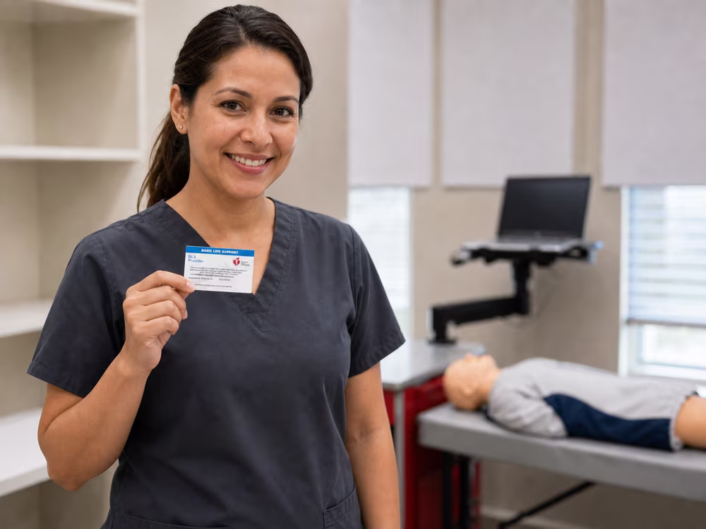 Smiling employee holding her AHA BLS Provider card after completing CPR certification