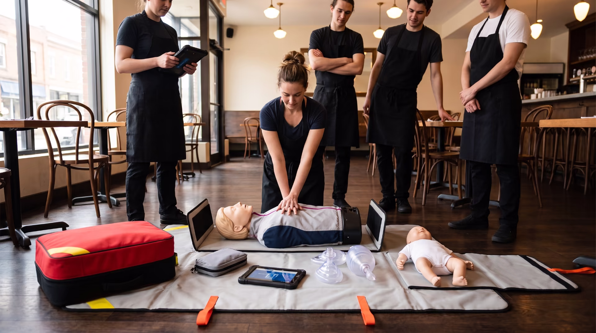Restaurant staff practicing CPR on a training manikin with a Go-Kit set up in the dining room